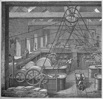 Vitenskap. Papirlaging. Kar for filler (bomullspapirfremstilling). Gravering i: Store menn og store fakta fra industrien, Frankrike, ca. 1880 (gravering) av French School