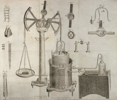 Vitenskapelig utstyr, fra The Elements of Chemistry av Antoine Laurent de Lavoisier (1743-94) gravert av D. Lizars, 1796 av French School