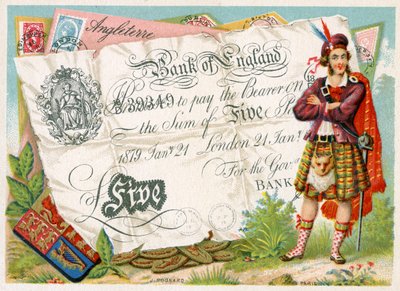Skotsk soldat som vokter en Bank of England Five Pound Note, 1886-95 av French School
