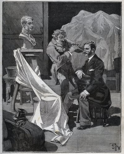 Skulptur, verksted av en skulptør, fokus og skulptur av en byste. Gravering fra 1880 i "" Les arts et metiers illustres"" av Adolphe BITARD. av French School