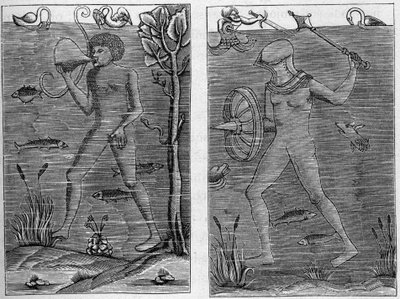 Sjøsoldat: dykkeren og våpenmannen. Graveringer fra trefigurer fra 1500-tallet. I "La Marine et les kolonier: handel" av French School