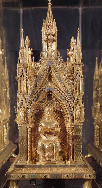 Sittende Kristusfigur, fra relikvieskrinet til Saint Taurin (forgylt kobber, emalje og sølv) av French School