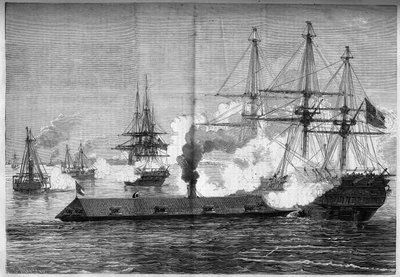 Sezessionskrieg (1861-1865) oder Amerikanischer Bürgerkrieg - Seeschlacht von Newport News (Virginia) - 8.-9. März von French School