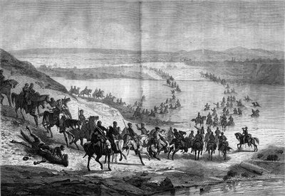 Sesession War (1861-1865) eller amerikansk borgerkrig: kryssing av Potomac av general Stuarts sørlige kavaleri. Gravering i "" Le Monde Illustré"" nr. 293 av 22. november av French School