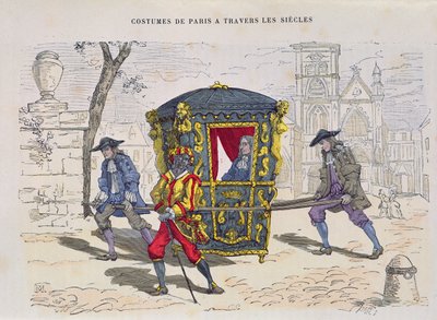 Sedan-stol i det sekstende århundre, fra Costumes de Paris a Travers les Siecles, utgitt 1887 (fargegravering) av French School