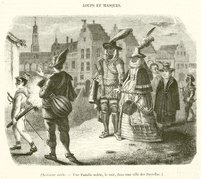 Sekstende århundre, en adelsfamilie, om kvelden, i en by i Nederland (gravering) av French School