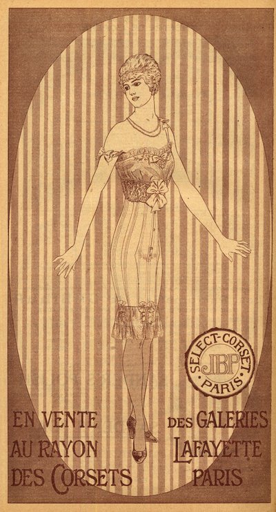 Velg JPB-korsett til salgs i korsettavdelingen til Galeries Lafayette i Paris - 1914 av French School