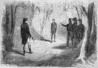 Serieroman: «Rik og fattig»» av Emile Souvestre (1806-1854). Duellen mellom Boissard og Larry. Gravering i "" Les bons romances"" av French School