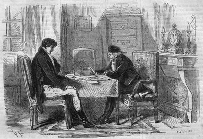 Serieroman: ""Rik og fattig"" av Emile Souvestre (1806-1854). To menn som snakker: «Skrupler har aldri torturert noen.» Gravering i "" Les bons romances"" av French School