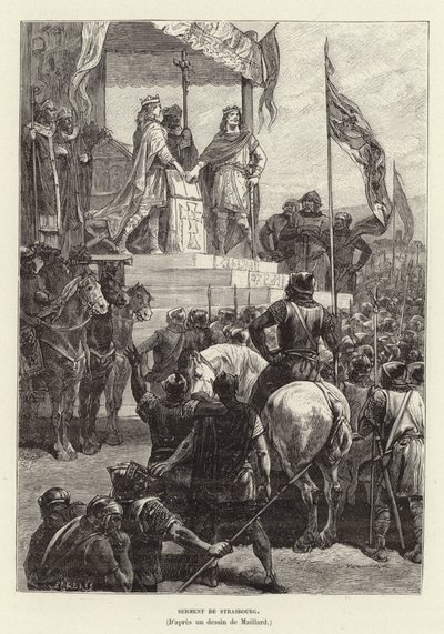 Serment de Strasbourg. Eder fra Strasbourg, alliansen mellom Ludvig den tyske og Karl den skallede, konger av Øst- og Vest-Frankrike, 842 (gravering) av French School