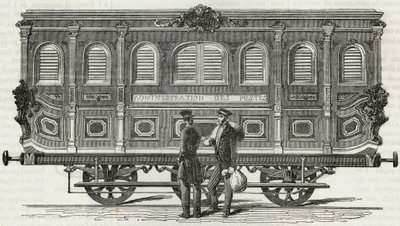 Postkontor - utvendig utsikt over det mobile kontoret - Gravering i "Tableau-de-Paris" av Edmond Texier 1852 av French School