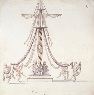 Scenografi for en ballett med sjømenn som danser rundt en mast, fra en samling med tittelen Les Menus Plaisirs du Roi (wc og penn og blekk på papir) av French School