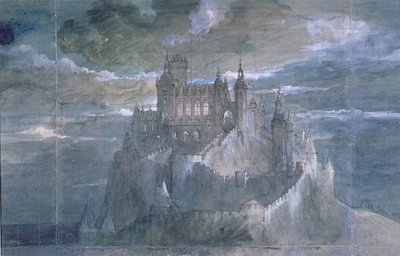 Scenografi for en produksjon av Hamlet (Act One) på Comedie Francaise, 1884 (wc på papir) av French School