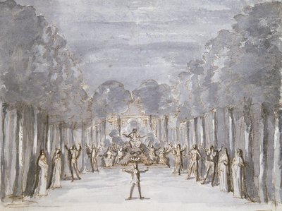 Scenografi for en opera, fra en samling med tittelen Les Menus Plaisirs du Roi (penn og blekk & wc på papir) av French School