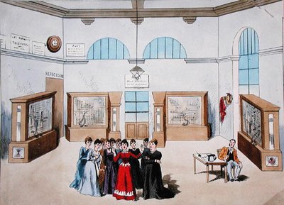 Scenografi for en operette med kvinnelige operatører i en sentral telefonsentral. slutten av 1800-tallet (farge litho) av French School