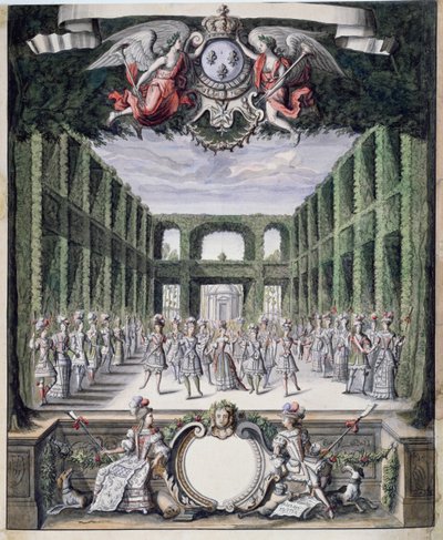 Scenografi for en uidentifisert ballett i en hage, hentet fra en samling med tittelen Menus Plaisirs du Roi (penn og blekk og wc på papir) av French School