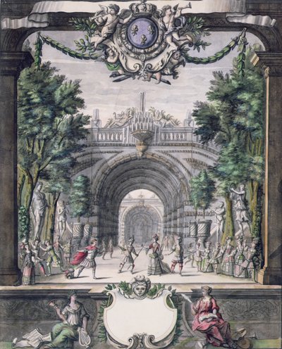 Scenografi for en uidentifisert ballett, hentet fra en samling med tittelen Menus Plaisirs du Roi (penn og blekk og wc på papir) av French School