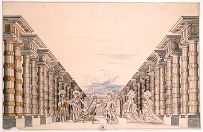 Scenografi for et uidentifisert skuespill, hentet fra en samling med tittelen Menus Plaisirs du Roi (penn & blekk og akvarell på papir) av French School