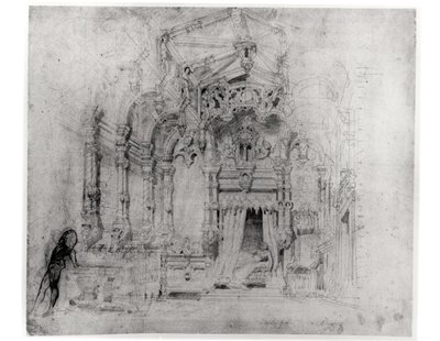 Scenografi for den første produksjonen av Angelo, tyran de Padoue av Victor Hugo (1802-85), 1835 (penn og blekk på papir) av French School