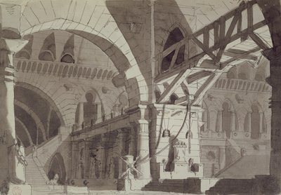 Scenografi i stil med Piranesis fengselstegninger, ca. 1800 (penn, blekk og vask) av French School