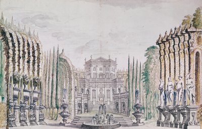 Scenografi av et palass for et teater, ca. 1660-80 (penn og blekk og wc på papir) av French School