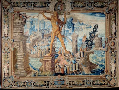 Verdens syv underverker: Kolossen på Rhodos (statue av Helios). Tapet laget av verkstedet til gobelinene. Paris fra 1600-tallet, Musee des Gobelins av French School