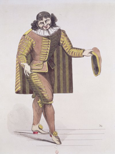 Sganarelle i LEcole des Maris av Moliere, hadde premiere 24. juni 1661 på Palais-Royal Theatre, Paris (penn, blekk og wc på papir) av French School