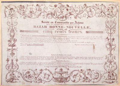 Aksjebevis for 500 franc for Bazar Bonne-Nouvelle, 1836 av French School