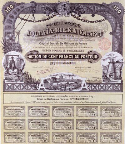 Aksjebevis for 100 franc for det fransk-russiske gruveselskapet Joltaia-Rieka, 1899 av French School