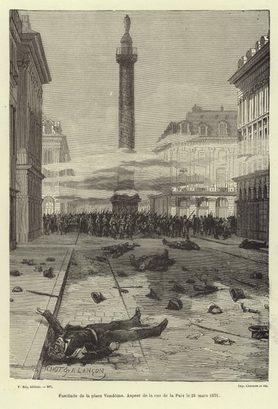 Skyting på Place Vendome, Paris, Paris kommune, 23. mars 1871 av French School