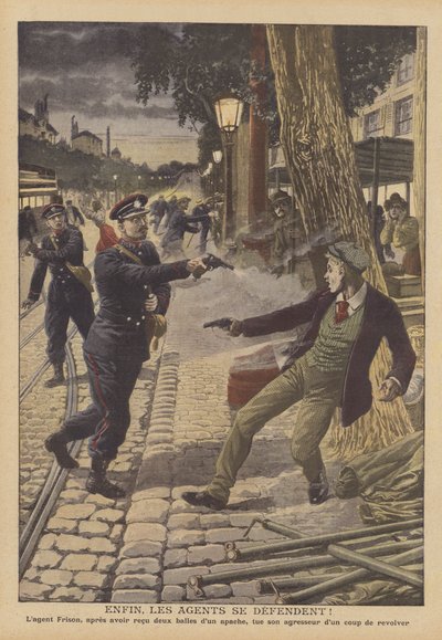 Skyting mellom politi og kriminelle på en gate i Paris (farge litho) av French School