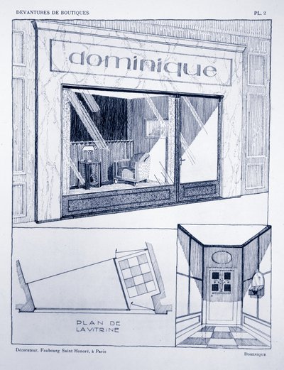 Butikkfront, plate 2, illustrasjon fra Devantures de Boutiques av Louis-Pierre Sezille, Paris, 1927 av French School