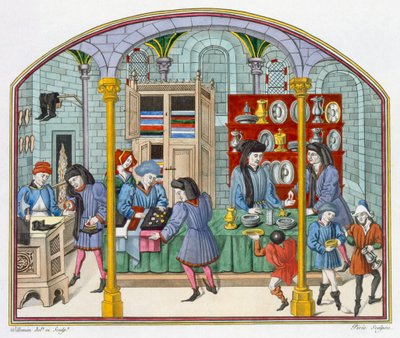 Butikker under et dekket marked, etter en miniatyr i en oversettelse fra 1300-tallet av Aristoteles