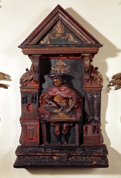 Butikkskilt for en skomaker som viser St. Crispin ved arbeidsbenken hans (tre) av French School