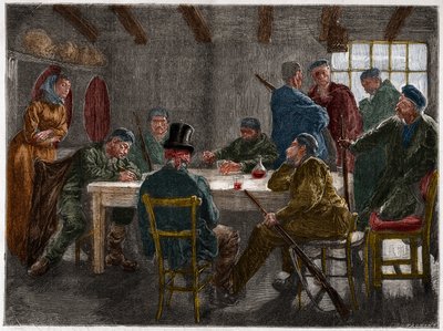 Sicilian mafia in the 19th century: Interrogation of a landowner abrogated by Sicilian mafiosi in 1873. Engraving from 1873. av French School