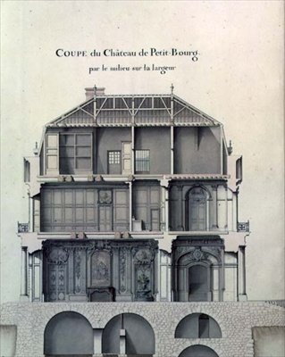 Sideveis seksjon gjennom sentrum av Chateau de Petit-Bourg, som viser salongen av French School