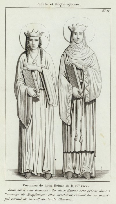 Century and Reign ignorert, Costumes of two Queens of the 1st race (gravering) av French School