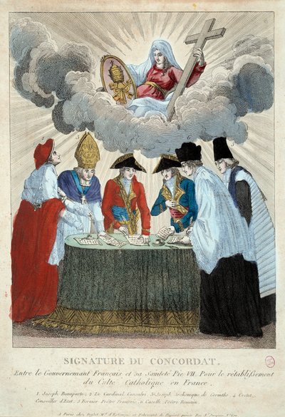 Underskrift av konkordatet av 1801 den 15/07/1801: det er signert mellom den franske regjeringen (her representert av Joseph Bonaparte) og Saint Siege (representert av kardinal Consalvi for pave Pius VII). 1801 Paris, Musee Carnavalet av French School
