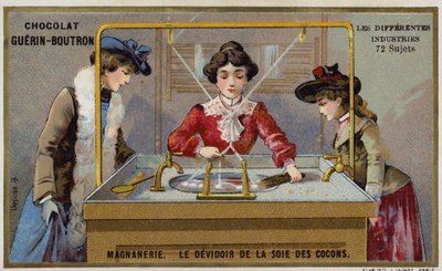 Silke produksjon. Spinning av fibrene på en snelle (chromolitho) av French School