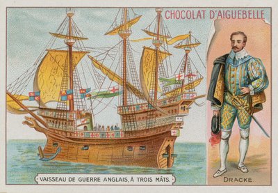 Sir Francis Drake og et tremastet engelsk krigsskip av French School