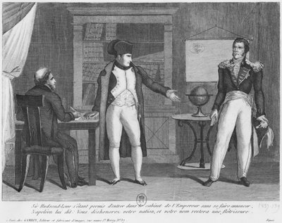 Sir Hudson Lowe kommer i studiet av Napoleon I (1769-1821) på øya St. Helena uten å kunngjøre seg selv av French School