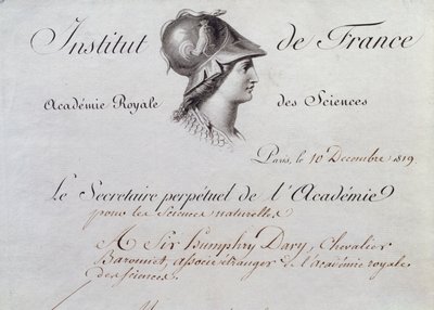 Sir Humphry Davys (1778-1829) sertifikat for medlemskap til Institut de France, 10. desember 1819 av French School