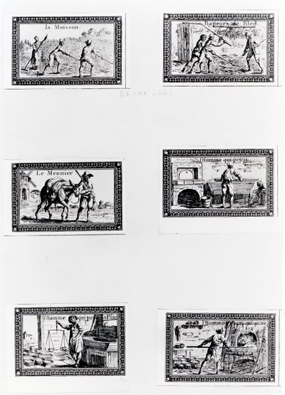 Seks vignetter som viser brødbaking (gravering) (bw-bilde) av French School