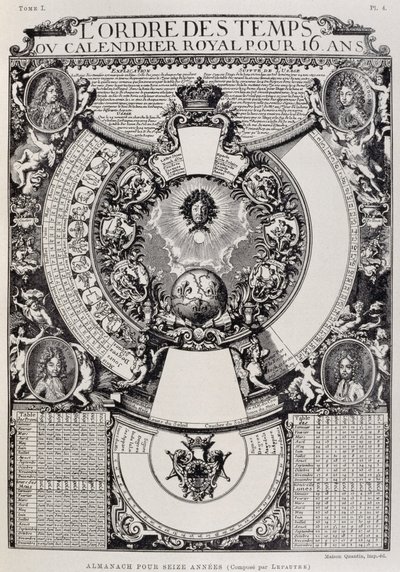 Seksten år almanakk designet av Lepautre, gravering fra Dictionary of furnishing and decoration, bind I av French School