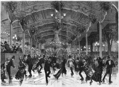 Skøytering i Bullier. Bane for å danse på rulleskøyter på Bal Bullier i Paris. Gravering i "The Illustrous Universe" av French School
