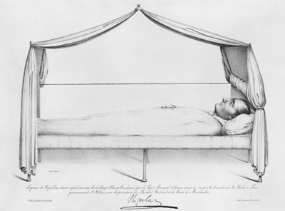 Skisse av Napoleon I (1769-1821) på hans dødsleie tegnet ved St. Helena av Capitaine Marryal, gravert av Bordes, 5. mai 1821 av French School