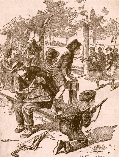 Små gutter som spiller krigsspill i Frankrike under første verdenskrig. Fra Agenda Buvard du Bon Marche publisert 1917. av French School