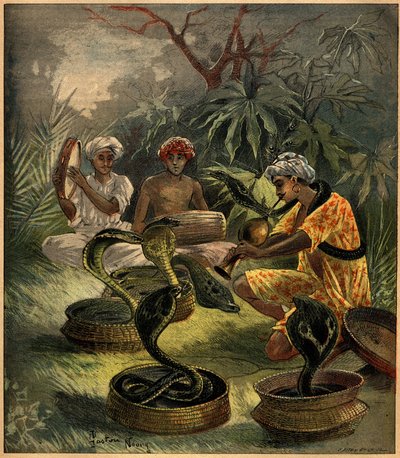 Snake charmers (cobras) in India. Engraving in “La Terre Illustree”” n°94 of 18 August 1892. av French School
