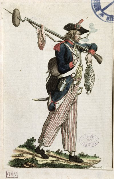 Soldat fra den franske revolusjonen bærer en bajonett som er festet til et brød og et kjøttstykke: LAn 11 1794 av French School