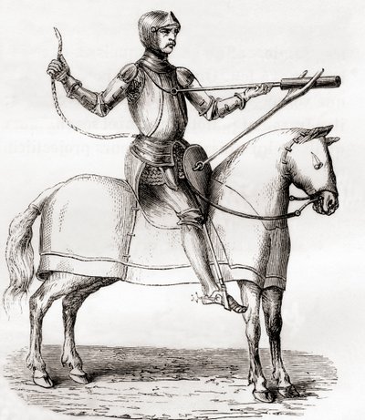 Soldat på hesteryggen ved hjelp av en håndholdt bombard, sent på 1300-tallet og tidlig på 1400-tallet, etter en tegning fra manuskriptet til Marianus Jacobus, fra Les Merveilles de la Science, utgitt ca. 1870 (gravering) av French School